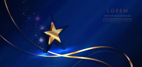 3d Golden Star With Golden Ribbon Curved On Dark Blue Background Template Luxury Premium Award