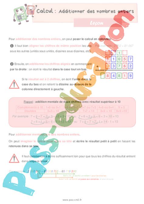 Additionner des nombres entiers Cours Leçon de calcul 5eme