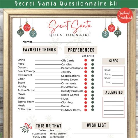 Secret Santa Questionnaire Printable Secret Santa Survey Gift Exchange