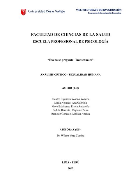 Sex Humana Ánalisis Crítico Programa De Investigación Formativa Facultad De Ciencias De La