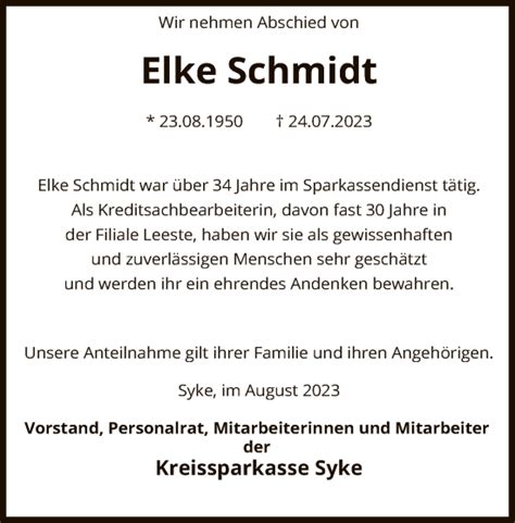 Traueranzeigen Von Elke Schmidt Trauer Kreiszeitung De