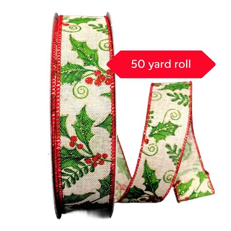 50 Yards Holly Berries Christmas Wired Ribbon Christmas Ribbon Wired