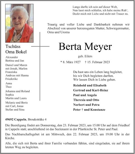 Traueranzeigen Von Berta Meyer Om Trauer De