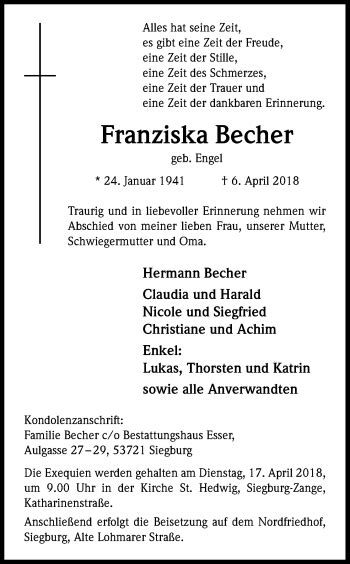 Traueranzeigen Von Franziska Becher Wirtrauern