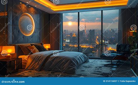 Bedroom Overlooking City Lights Stock Image Image Of Generative