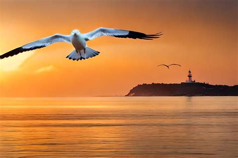 Premium AI Image A Painting Of Seagulls Flying Over A Body Of Water