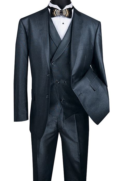 Midnight Blue Modern Fit Shiny Sharkskin 2 Button 3 Piece Suit Suits