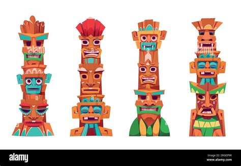 Tiki Mask Pole Totem Tribal Vector Cartoon Icon Set African Luau Face