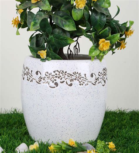 Buy White Ceramic Medium Dholak Shape With Print Planter By Justoriginals At 32 Off By