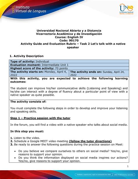 Activity Guide And Evaluation Rubric Unit Task Lets Talk With