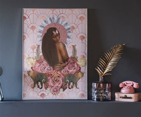 Rose Gold Art Deco Jaguar With Pink Butterfly And Pink Roses Collage Art Naked Woman Art Sacred