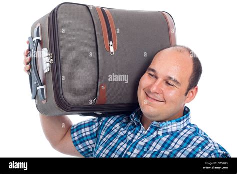 Happy Passenger Man Carrying Luggage Isolated On White Background