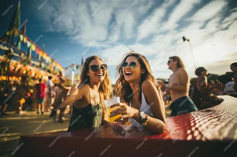 Premium Photo Two Young Woman Drinking Beer And Having Fun At Beach Party Together Happy