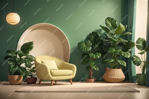 Premium AI Image | Living room with cream color fabric armchair and plants on empty green wall ...