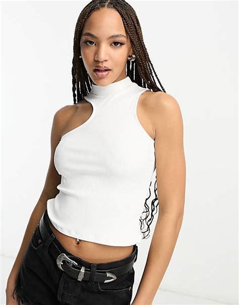 Pimkie Ribbed High Neck Asymmetric Vest In White Asos