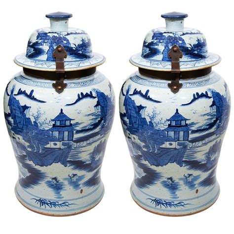 A Pair Of Massive Chinese Blue And White Temple Jars From A Unique