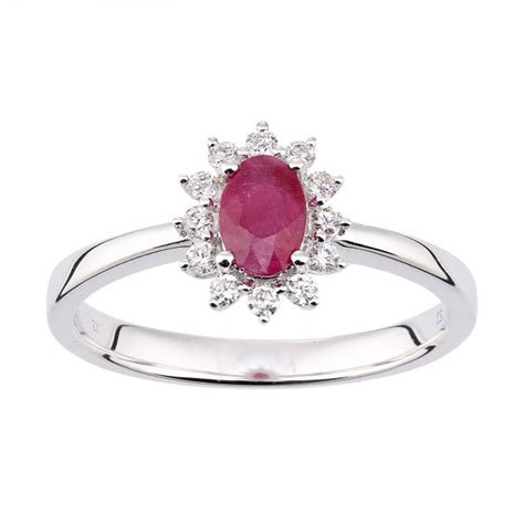 SPARKLD 18ct White Gold Oval Ruby And 0 15ct Diamond Cluster Ring