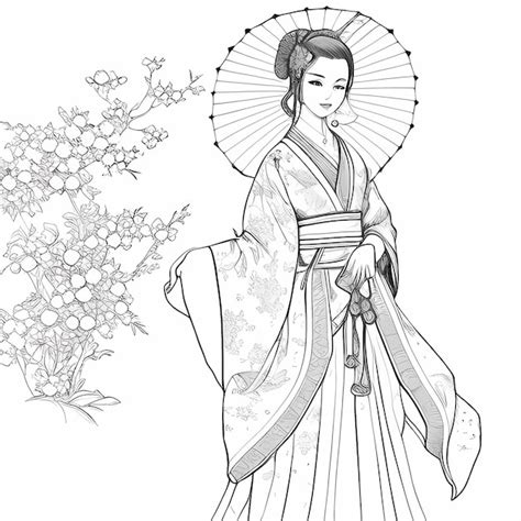 Elegant Chinese Princess Hanfu Line Art Coloring Page Premium Ai