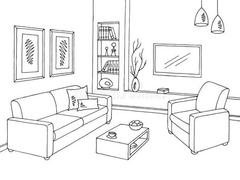 Living Room Graphic Black White Interior Sketch Illustration Vector