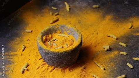 Woman Hand Powdering Indian Spices Turmeric Powder Stone Mortar Kerala