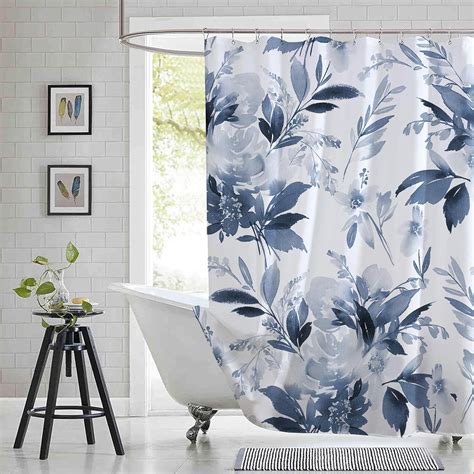 Extra Long 72 X84 Blue And White Floral Shower Curtain Set With Hooks