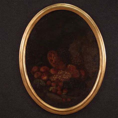 Ancien Tableau Nature Morte Huile Sur Toile Fruits Oval Peinture Me