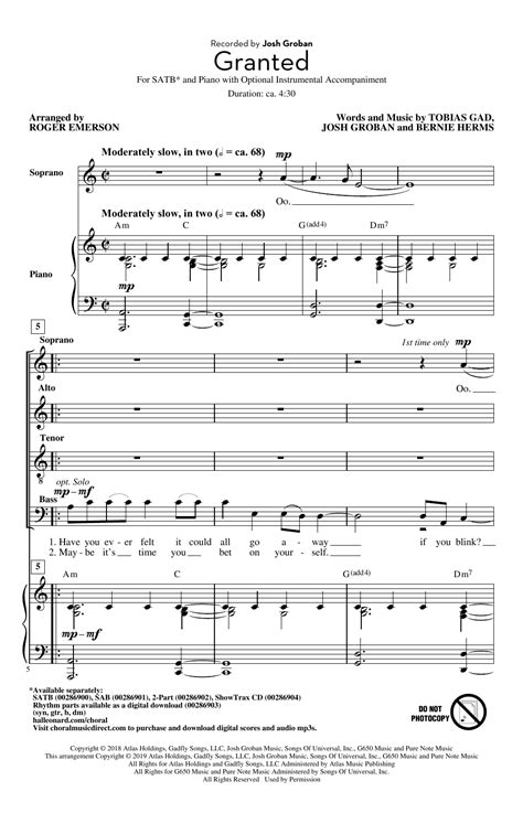 Granted Arr Roger Emerson Sheet Music Josh Groban Satb Choir