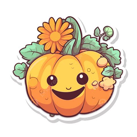 Cute Smiling Pumpkin Sticker With Flowers Clipart Vector Pumpkin With