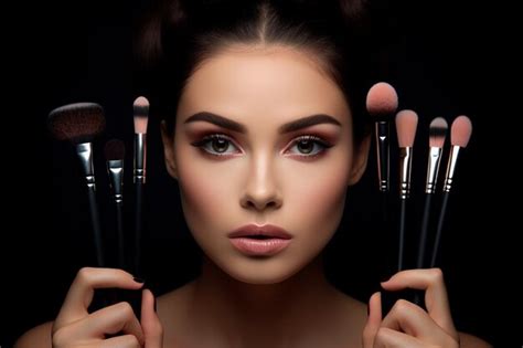 Premium Ai Image Beautiful Woman With Makeup Cosmetic Tools Near Her