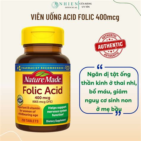 Viên uống Acid Folic 400mcg Nature made 250 viên ngăn ngừa thiếu máu ở