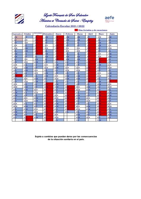 Calendario Escolar 2021 2022 Liceo Frances De San Salvador