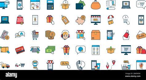 Shopping Online Icon Set Over White Background Fill And Line Style