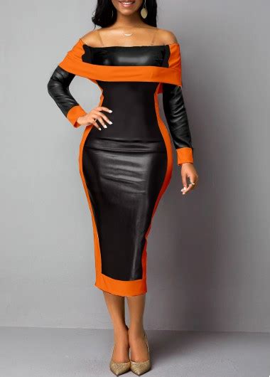 ROTITA Faux Leather Off Shoulder Orange Bodycon Dress Rotita