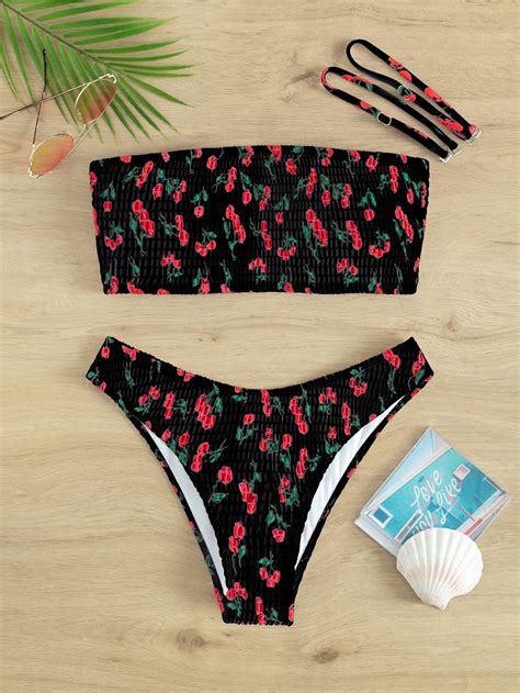 Shein Swim Vcay Cherry Print Bikini Set Smocked Detachable Straps