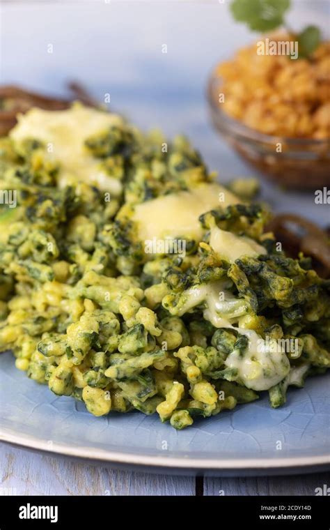 Spinach Spaetzle On The Plate Stock Photo Alamy
