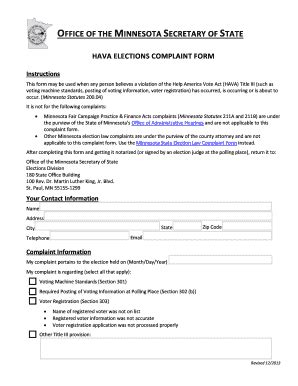 Fillable Online Co Dakota Mn Hava Elections Complaint Form Form To