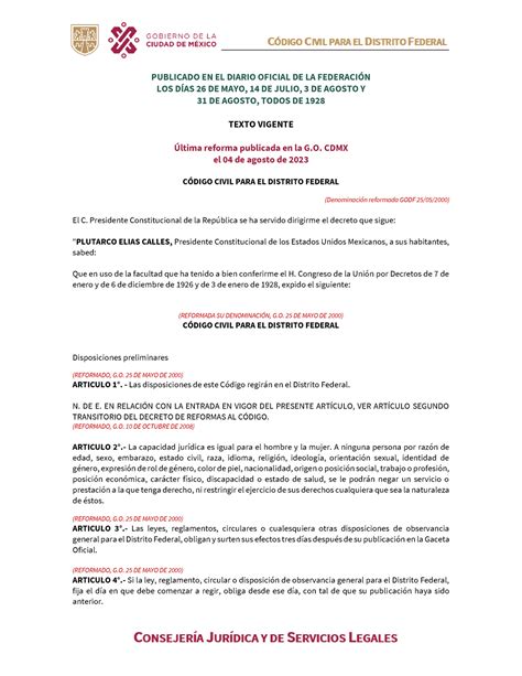 Codigo Civil Para El Df Publicado En El Diario Oficial De La