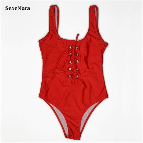 Sexemara Black White Red Lace Up Swimsuit One Piece Bathing Suit