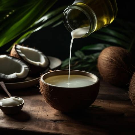 Premium Ai Image Coconut Milk Being Poured Into A Coconut Shell