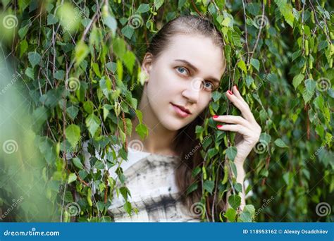 Beautiful Girl Pretty Lady With Professional Nude Makeup Stock Photo Image Of Park Green