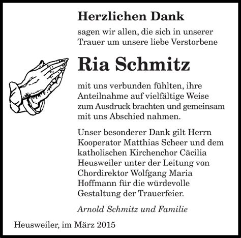 Traueranzeigen Von Ria Schmitz Saarbruecker Zeitung Trauer De