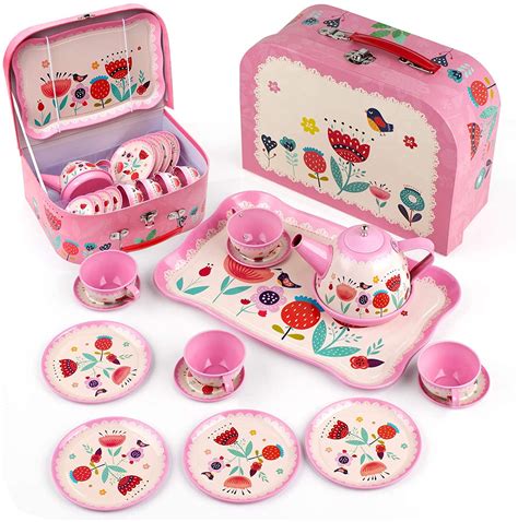 D-FantiX Kids Tea Set for Little Girls, 15Pcs Pink Tin Tea Party Set ...