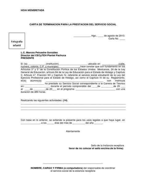 PDF Carta De Terminacion Para La Prestacion Del Servicio Social