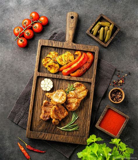 Сервировочная доска c 2мя соусниками для стейка, шашлыка, закусок ...