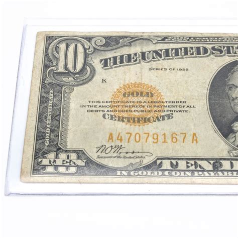 1928 10 Dollar Gold Certificate Small Banknote Us Currency No Reserve