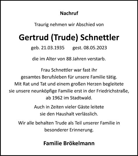 Traueranzeigen Von Gertrud Schnettler Trauer In Nrw De