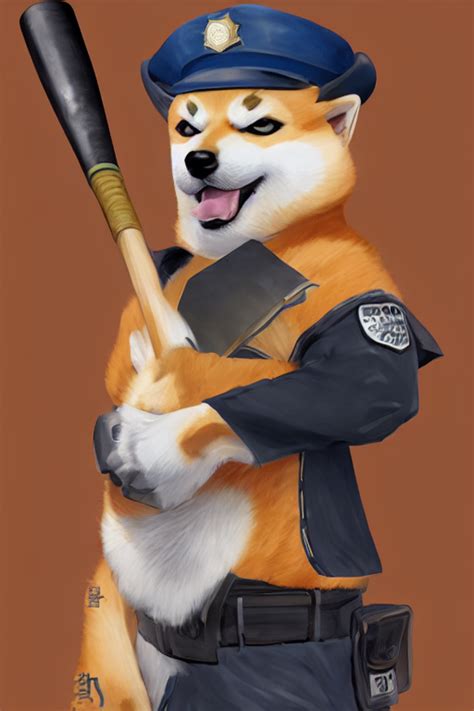 Krea Ai Shiba Inu Holding A Baseball Bat Wearing A Police