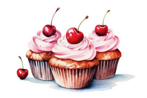 Premium Ai Image Watercolor Cupcakes With Cherry Toppings On White