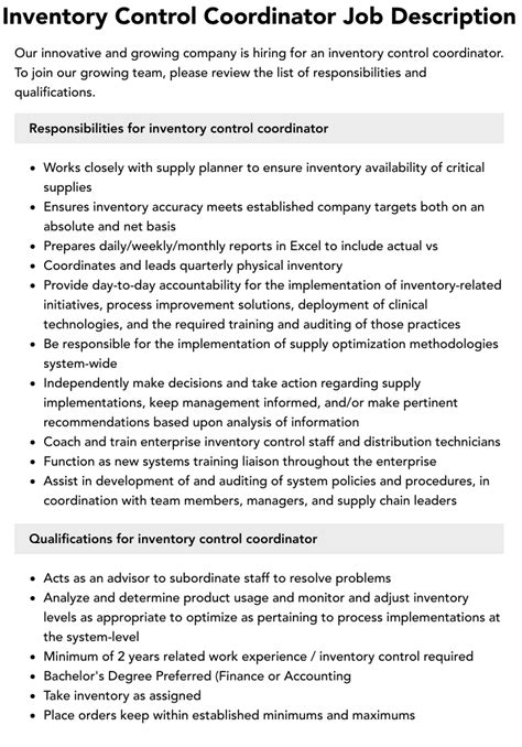 Inventory Control Coordinator Job Description Velvet Jobs