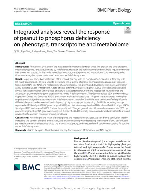 Pdf Integrated Analyses Reveal The Response Of Peanut To Phosphorus